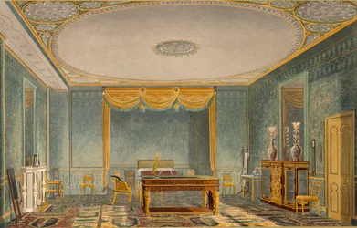 El Dormitorio del Rey, de Vistas del Pabellón Real, Brighton por John Nash (1752-1835) 1826 (acuafuerte)